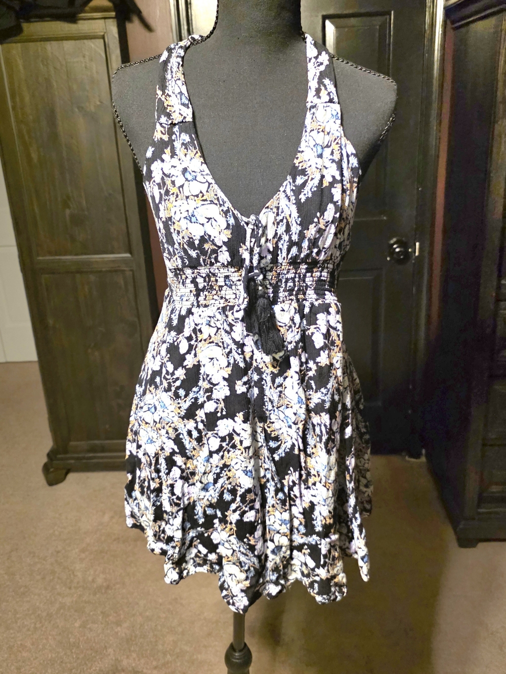 Free People Floral Cross Back Mini Dress Black Boho Festival Size Small